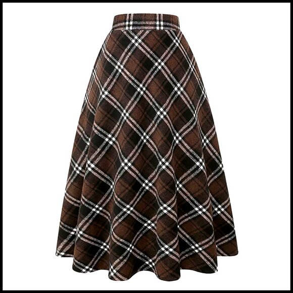Dresses & Skirts - Long Plaid Wool Skirt High Waist A-Line Pleated Midi Tartan